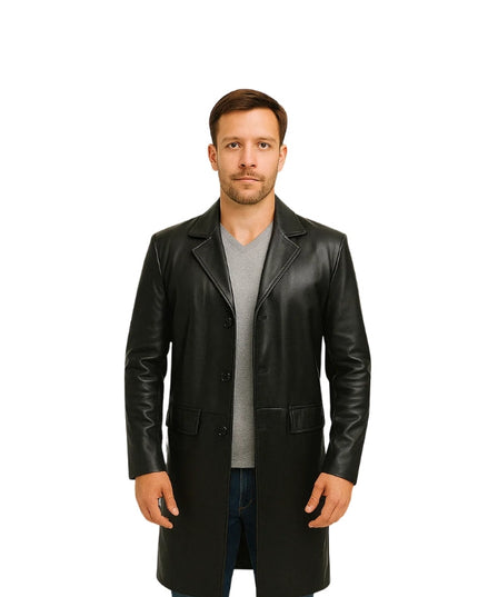 Cowhide Black Long Leather Coat