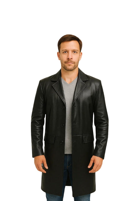 Cowhide Black Long Leather Coat