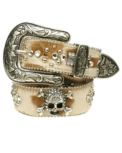 Decorative belt with skull design and silver buckle on a white background