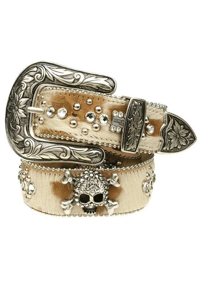 Decorative belt with skull design and silver buckle on a white background