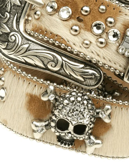 Decorative belt with skull design and embellishments on a white background