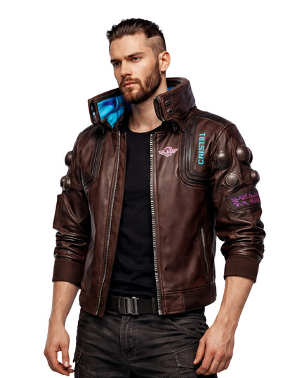 Man wearing a brown leather jacket with visible branding on a white background