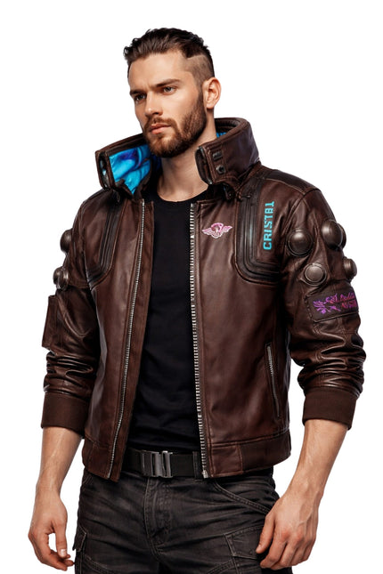 Man wearing a brown leather jacket with visible branding on a white background