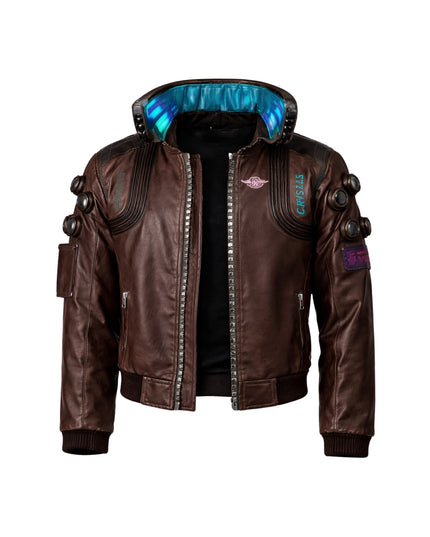 Brown leather jacket with futuristic design on a white background