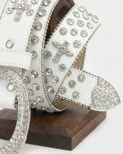 Decorative ribbon with crystals and crosses on a wooden block