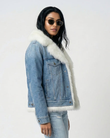 Person wearing a denim jacket with white fur trim on a plain background