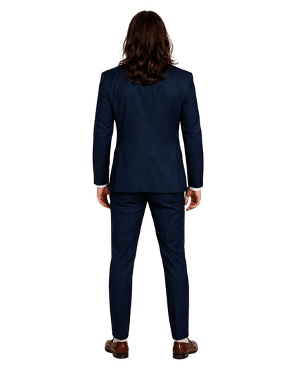 Person wearing a navy blue suit on a white background