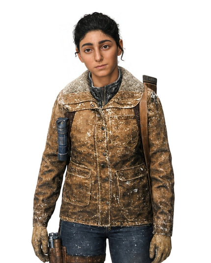 Person wearing a brown textured jacket with a white background