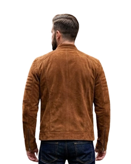 Man wearing a brown suede jacket on a white background