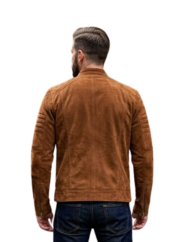 Man wearing a brown suede jacket on a white background