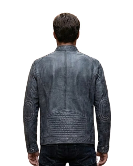 Man wearing a gray leather jacket on a white background