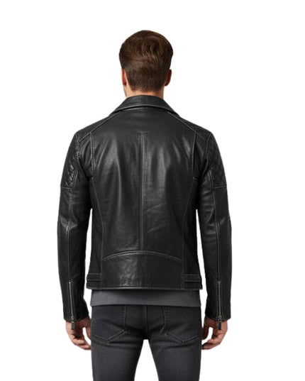 Distressed Black Leather Motorcycle Jacket For Men