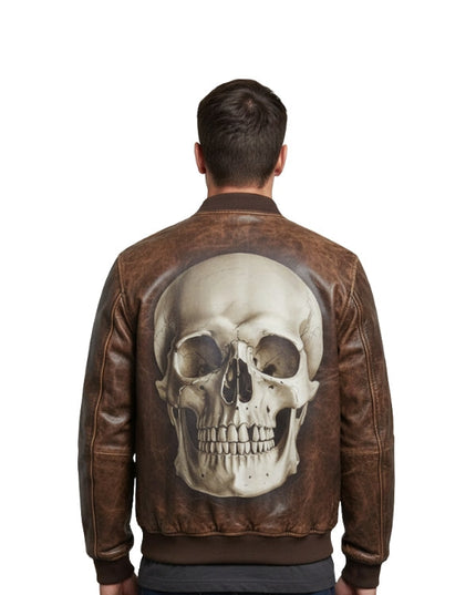 Man wearing a brown leather jacket with a skull design on the back against a white background
