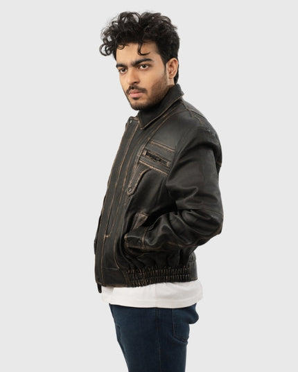 Man wearing a dark brown leather jacket on a white background