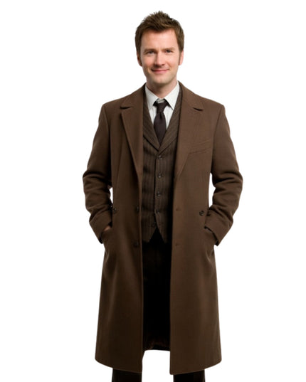 Man wearing a brown overcoat and suit on a white background