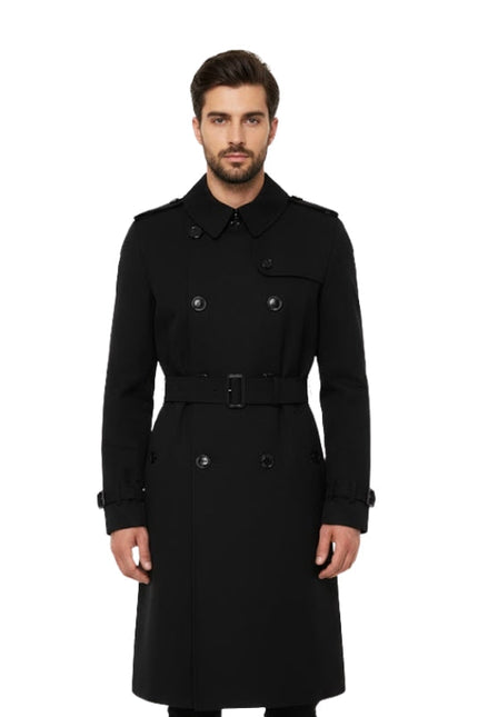 Double Breasted Black Woolen Trench Coat