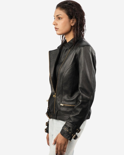 Women’s Belted Leather Biker Jacket - Double Breasted Style