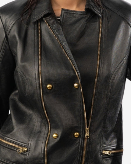 Women’s Belted Leather Biker Jacket - Double Breasted Style