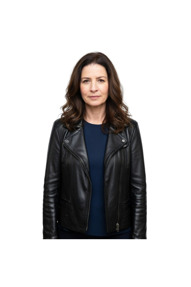 Woman wearing a black leather jacket on a white background