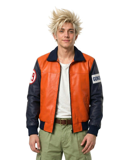 Person wearing a red and black jacket with 'GOKU' branding on a white background