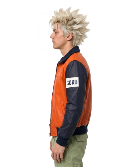Person wearing an orange and navy jacket with 'Goku' printed on it, standing against a white background.