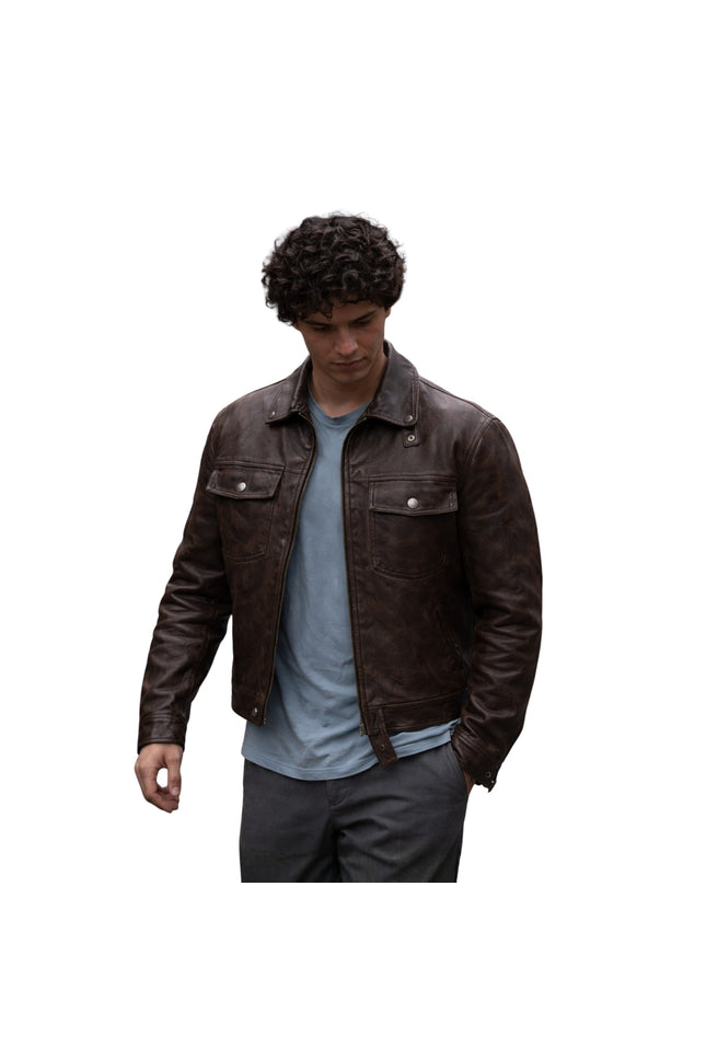 Man wearing a brown leather jacket on a white background