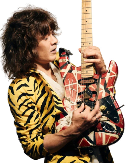Person holding a colorful electric guitar against a white background