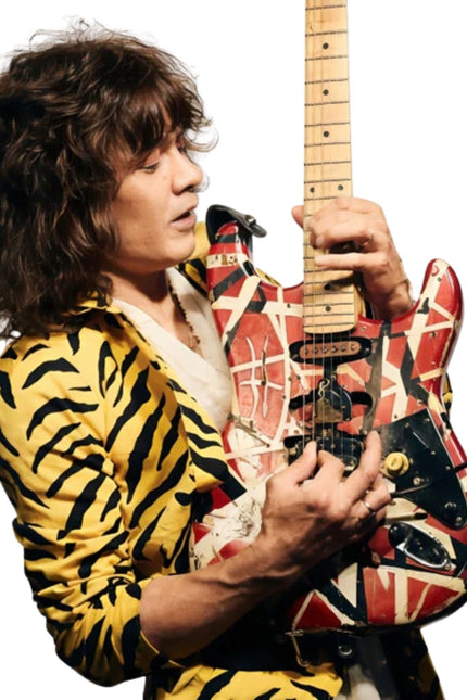 Person holding a colorful electric guitar against a white background