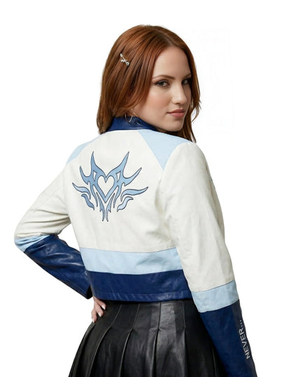 Woman wearing a white and blue jacket with a heart design on a white background