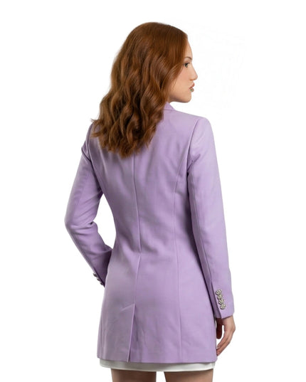 women wearing lilac long coat on a white background.