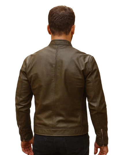 Man wearing a brown leather jacket on a white background