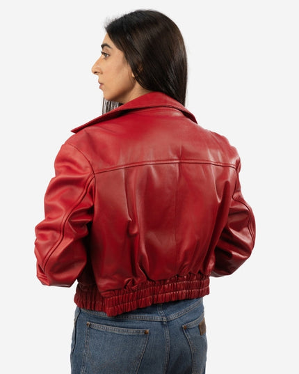 Women's Red Leather Cargo Bomber Jacket - Button-Down Style