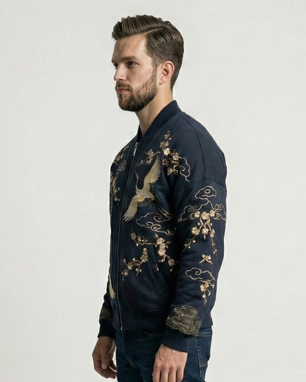 Men’s Navy Crane Embroidered Fleece Hoodie