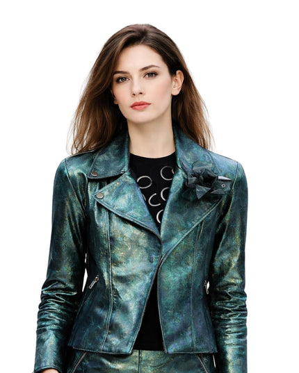 Woman wearing a green leather jacket on a white background