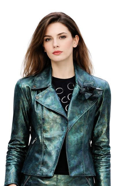 Woman wearing a green leather jacket on a white background