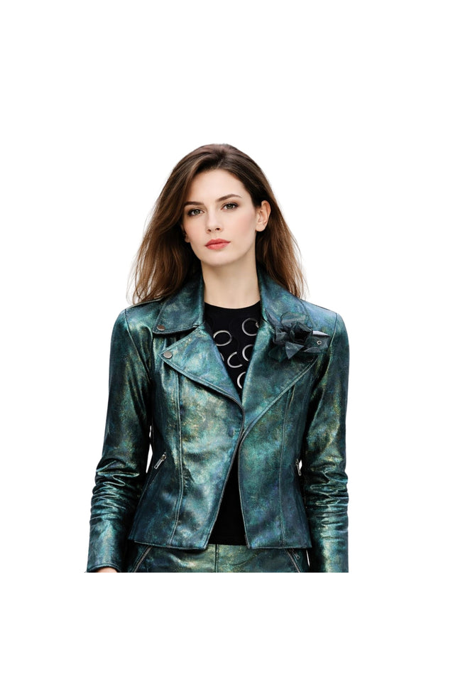 Woman wearing a green leather jacket on a white background