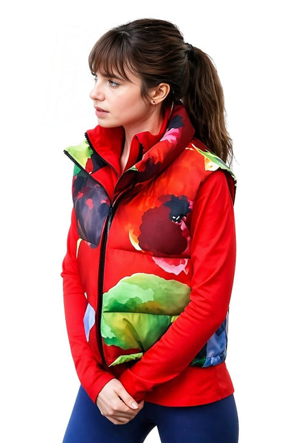 Woman wearing a colorful patterned jacket on a white background