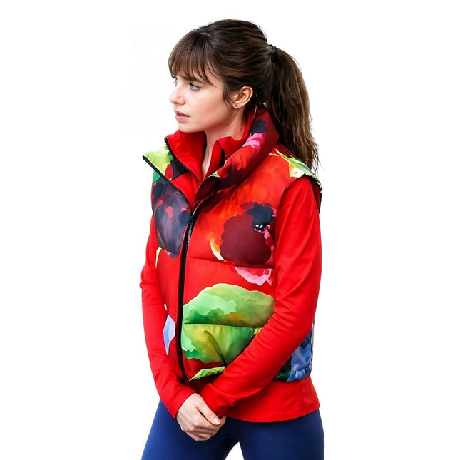 Woman wearing a colorful patterned jacket on a white background