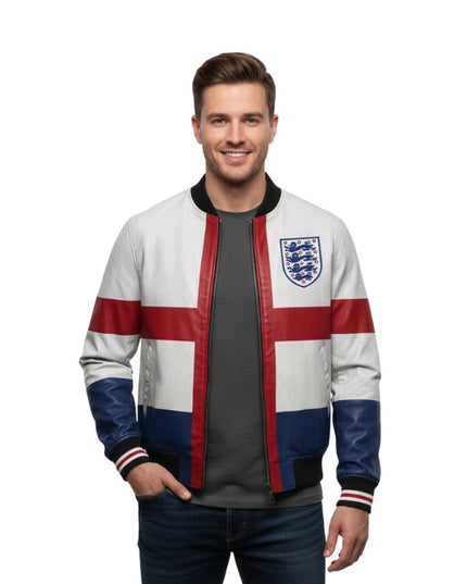 Man wearing a jacket with England flag design on a white background