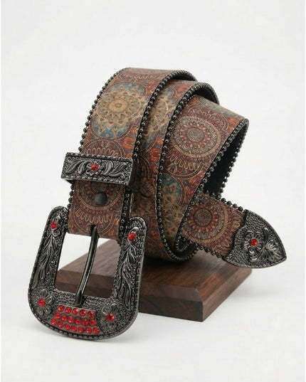 Decorative belt with intricate design and red gemstones on a white background