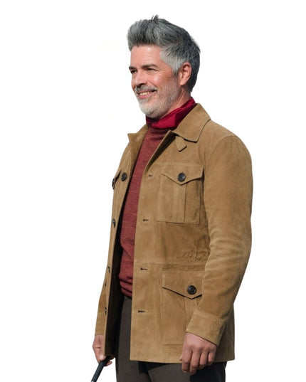 Man wearing a brown coat on a white background