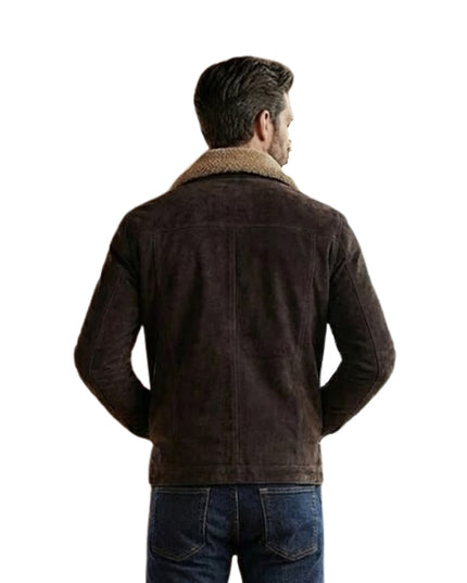 Man wearing a brown jacket with a fur collar on a white background