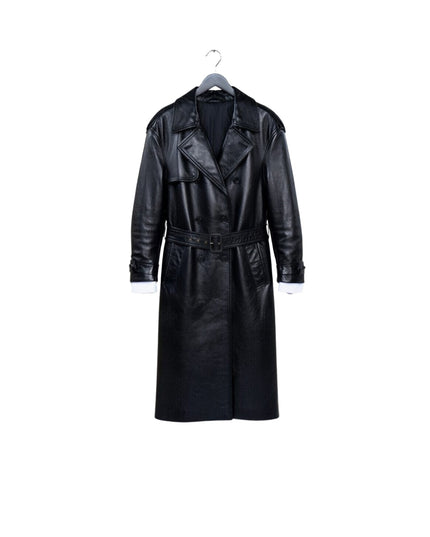 Black leather trench coat on a hanger against a white background