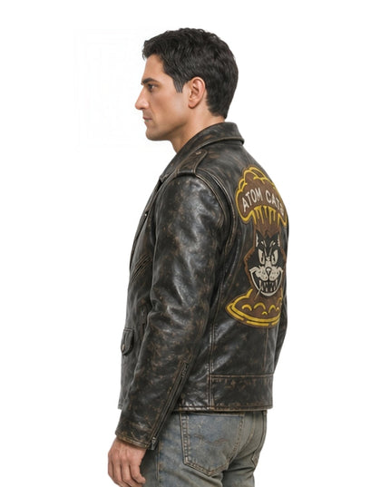 Man wearing a leather jacket with a visible brand logo on a white background