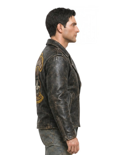 Man wearing a leather jacket with embroidery on a white background