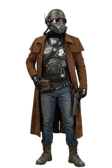 Person wearing a futuristic outfit with a helmet, coat, and jeans on a white background