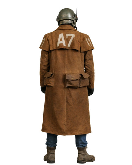 Person wearing a long brown coat with 'A7' on the back, helmet, and boots on a white background