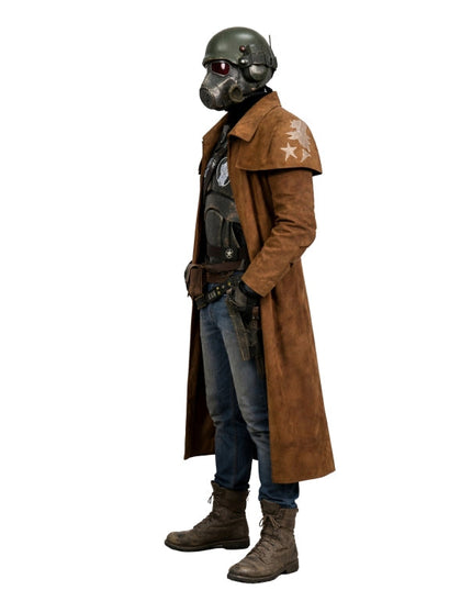 Person wearing a futuristic outfit with a brown coat and helmet on a white background