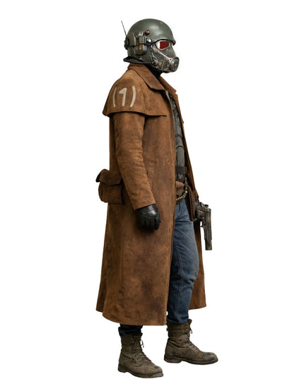 Character in a long brown coat and helmet with a white background