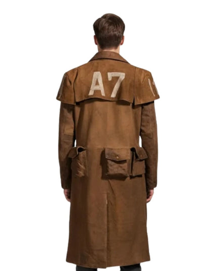 Brown trench coat with 'A7' on the back worn by a person on a white background